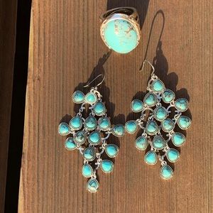 Lucky Brand turquoise chandelier ear rings / ring